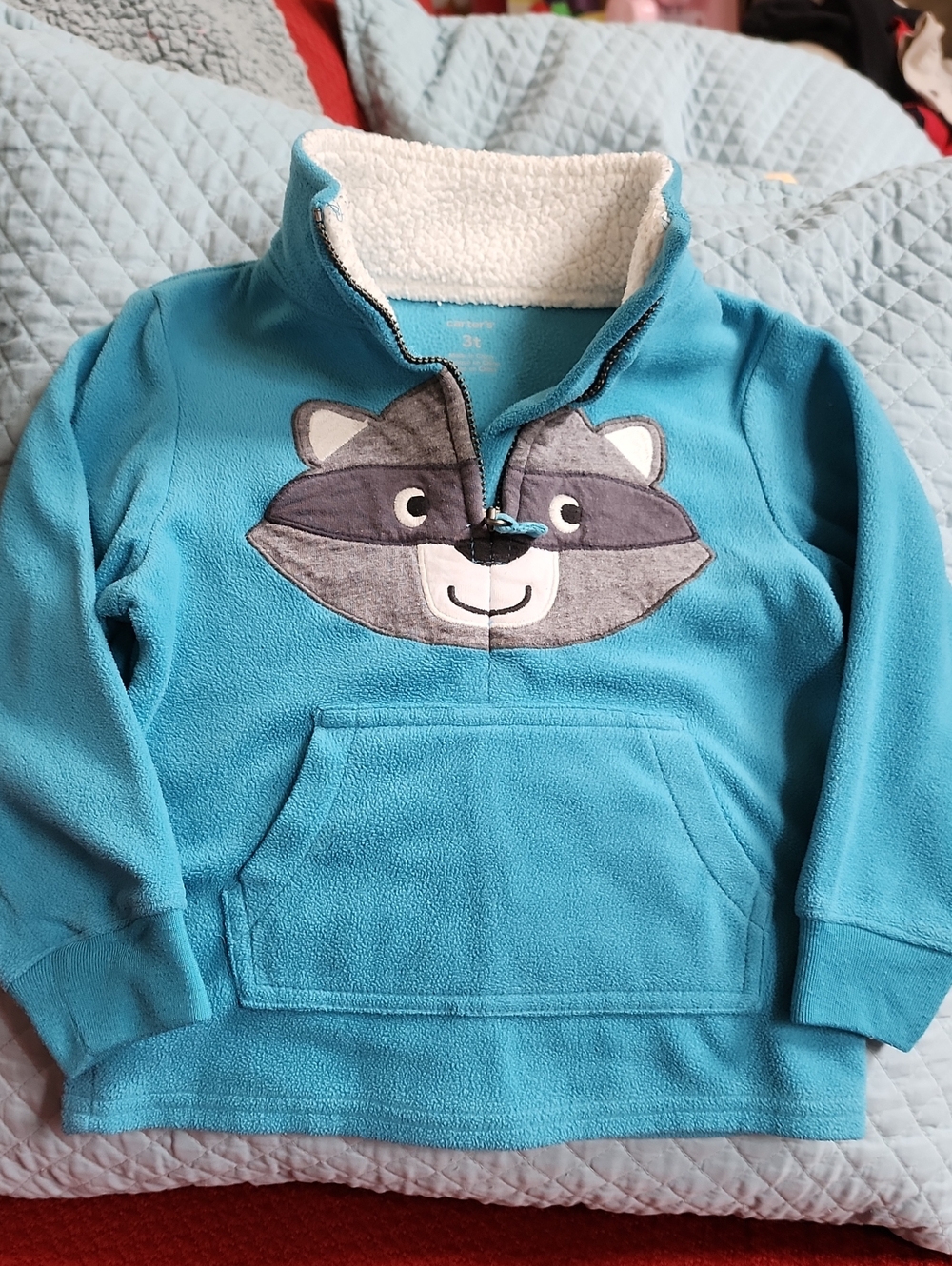 3T Carter's Kids Teal Fleece Pullover with Raccoon Appliqué